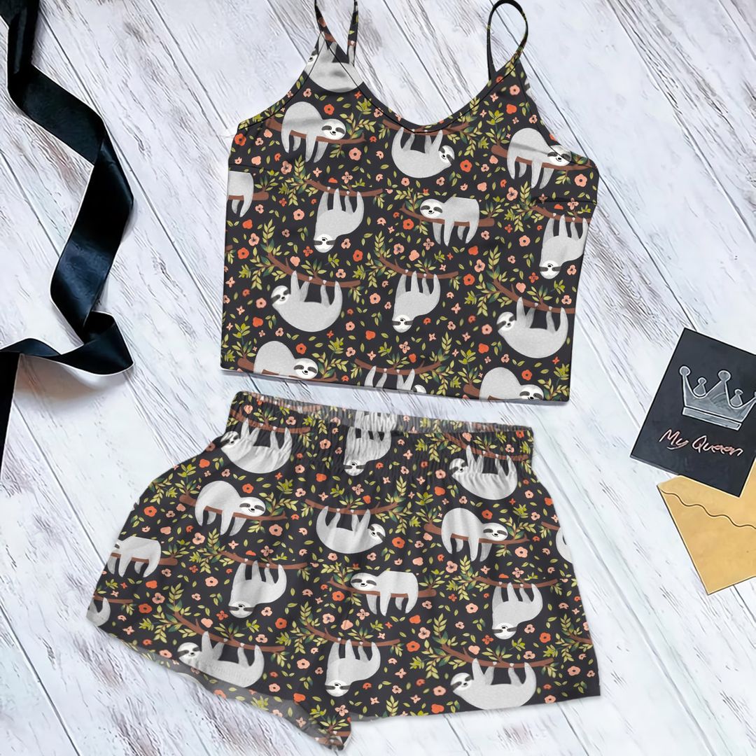 Sloth & Sleep Cami Pajama Set For Women | Pyjamas Short Set | Short PJS Set | Women Tank Top and Shorts Sleepwear Set