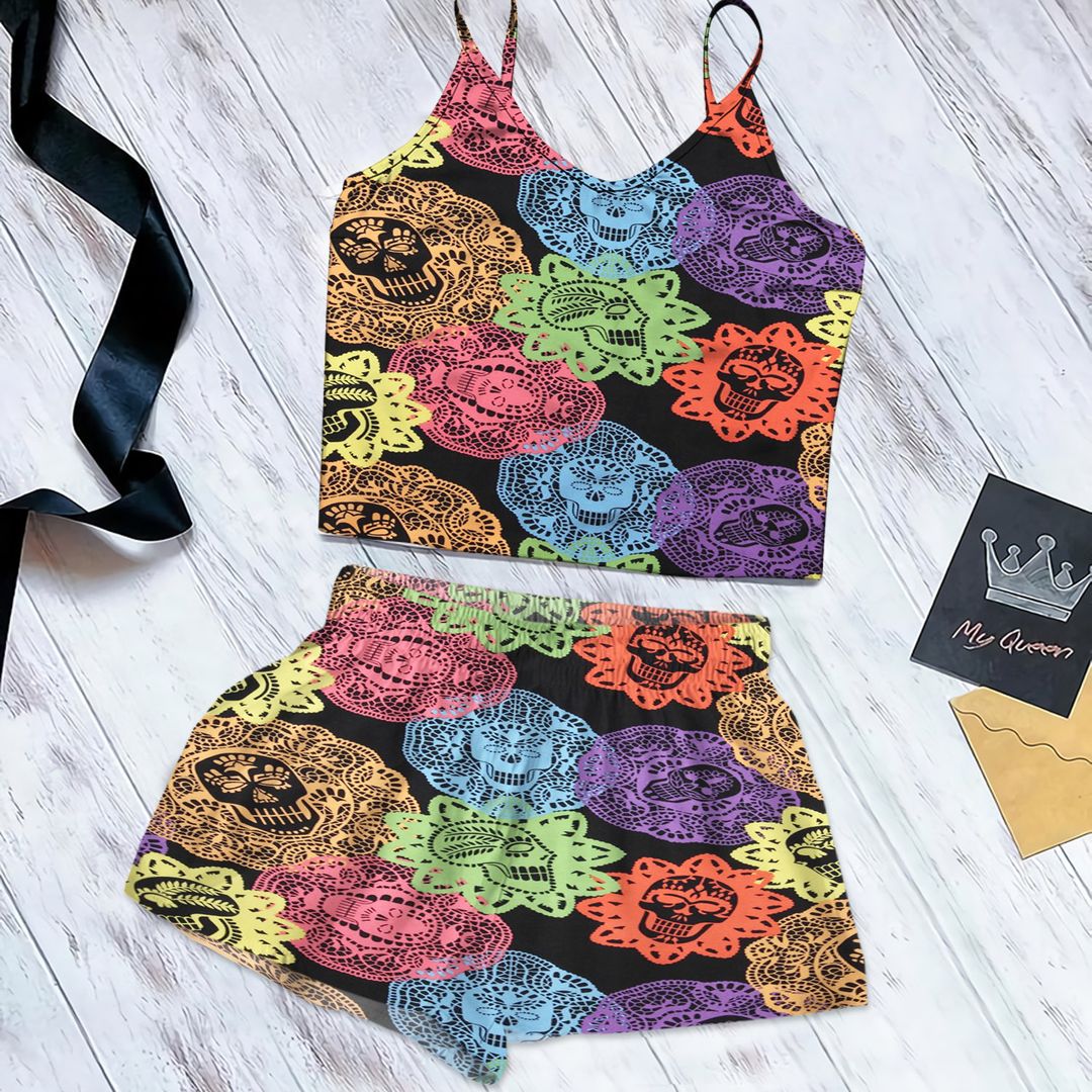 Skull Flower Cami Pajama Set For Women | Pyjamas Short Set | Short PJS Set | Women Tank Top and Shorts Sleepwear Set