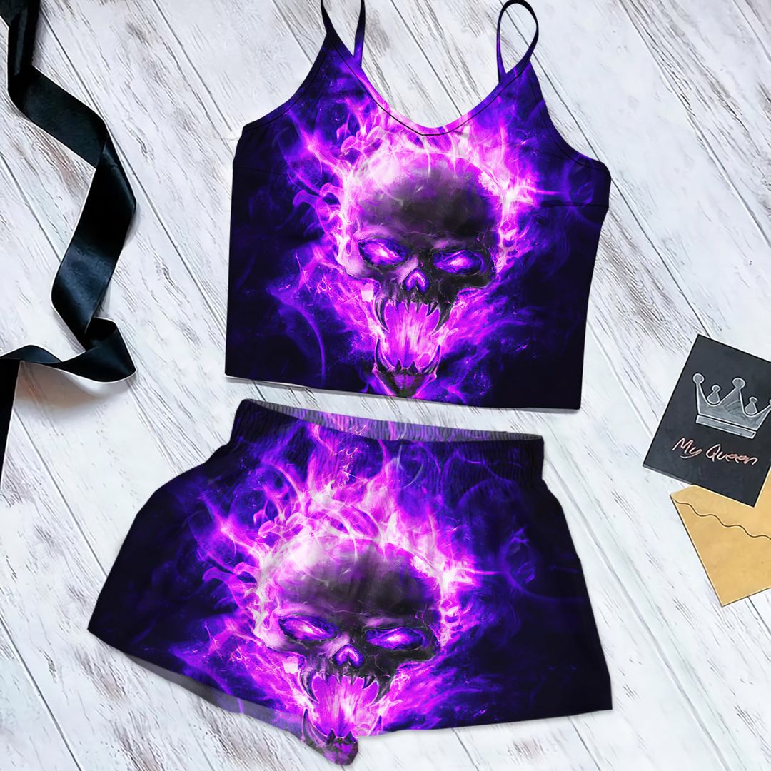 Skull Black And Purple Best Cami Pajama Set For Women | Pyjamas Short Set | Short PJS Set | Women Tank Top and Shorts Sleepwear Set