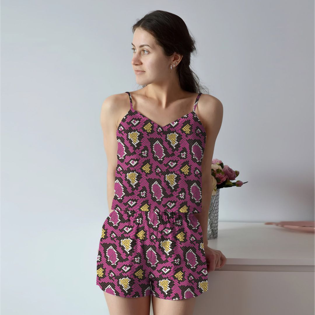 Snake Purple Skin Cami Pajama Set For Women | Pyjamas Short Set | Short PJS Set | Women Tank Top and Shorts Sleepwear Set