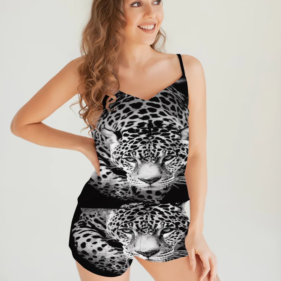 Snow Leopard Cami Pajama Set For Women | Pyjamas Short Set | Short PJS Set | Women Tank Top and Shorts Sleepwear Set