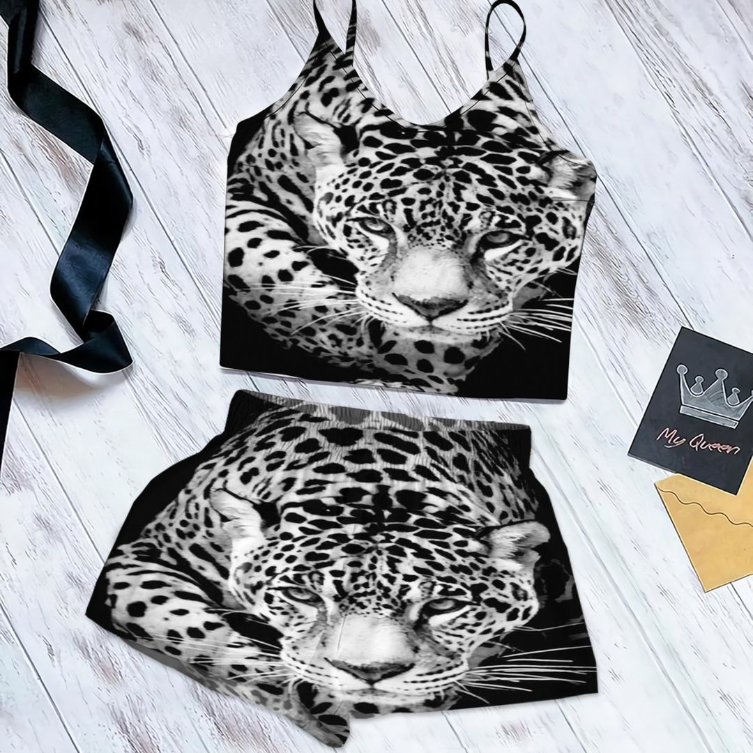 Snow Leopard Cami Pajama Set For Women | Pyjamas Short Set | Short PJS Set | Women Tank Top and Shorts Sleepwear Set