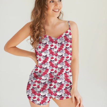 Skulls White Best Cami Pajama Set For Women | Pyjamas Short Set | Short PJS Set | Women Tank Top and Shorts Sleepwear Set