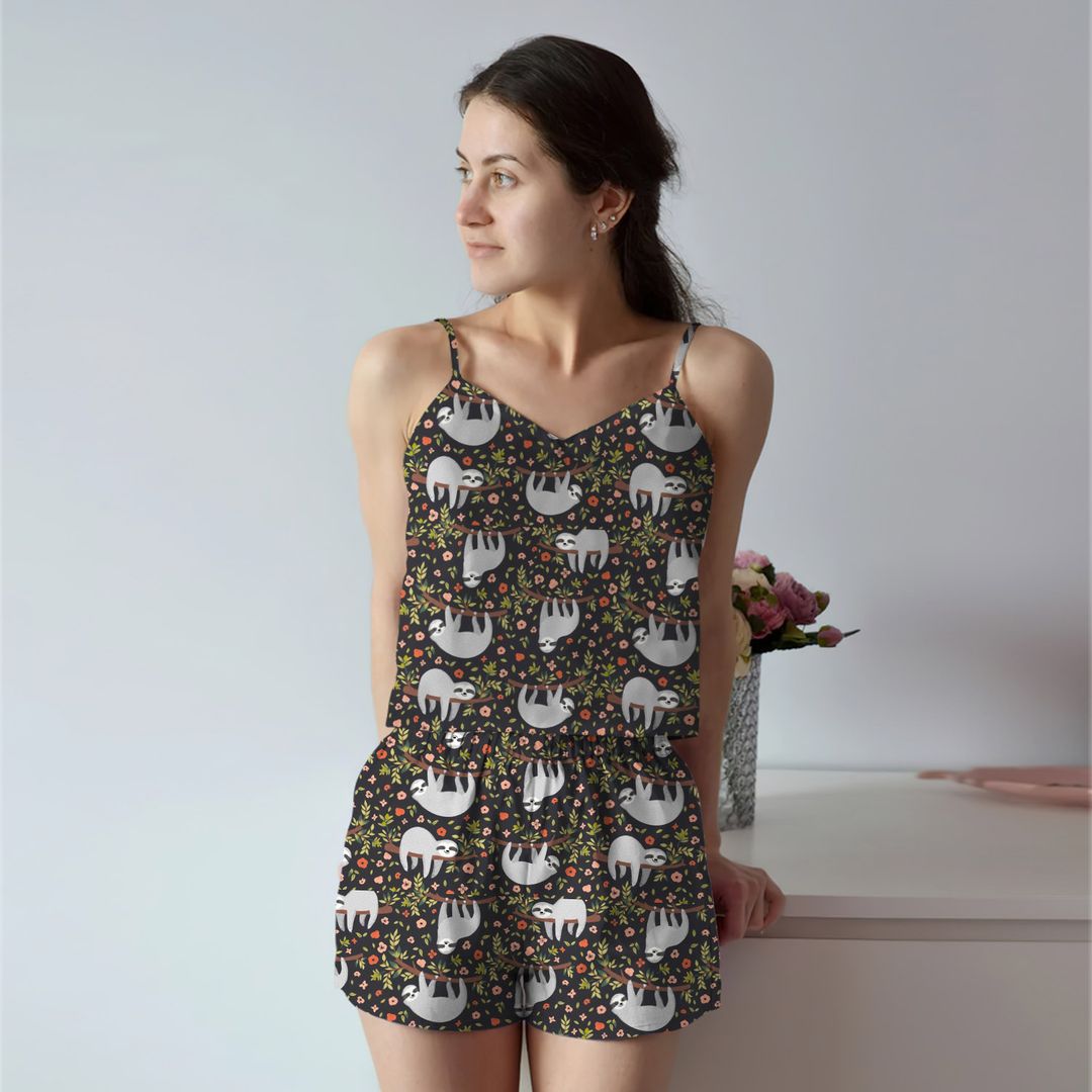 Sloth & Sleep Cami Pajama Set For Women | Pyjamas Short Set | Short PJS Set | Women Tank Top and Shorts Sleepwear Set