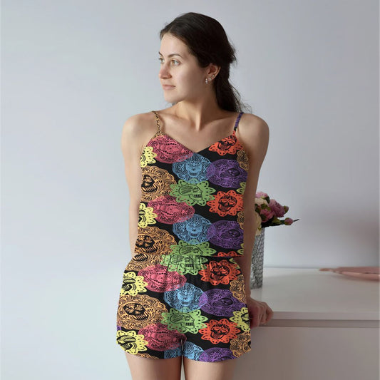 Skull Flower Cami Pajama Set For Women | Pyjamas Short Set | Short PJS Set | Women Tank Top and Shorts Sleepwear Set
