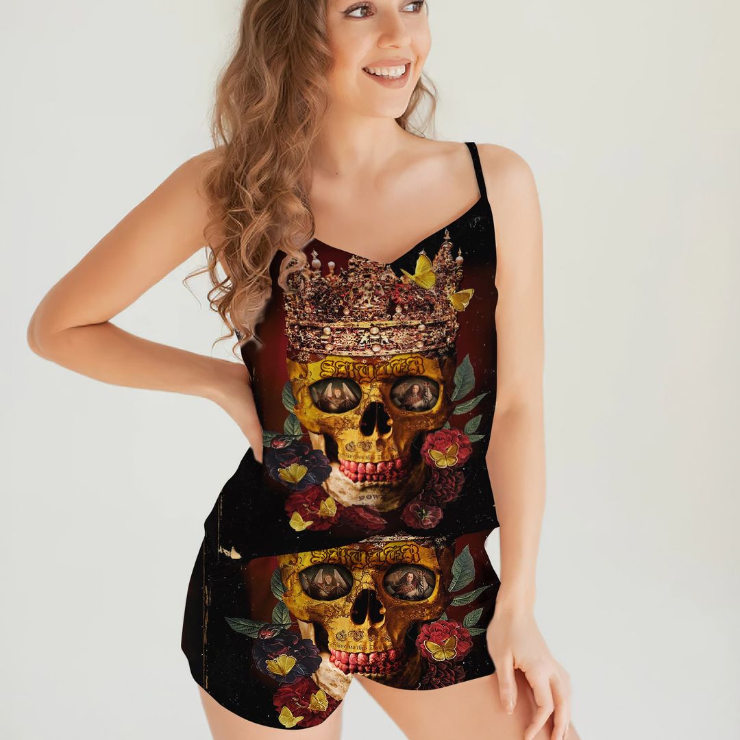 Skull King Stainless Steel Cami Pajama Set For Women | Pyjamas Short Set | Short PJS Set | Women Tank Top and Shorts Sleepwear Set