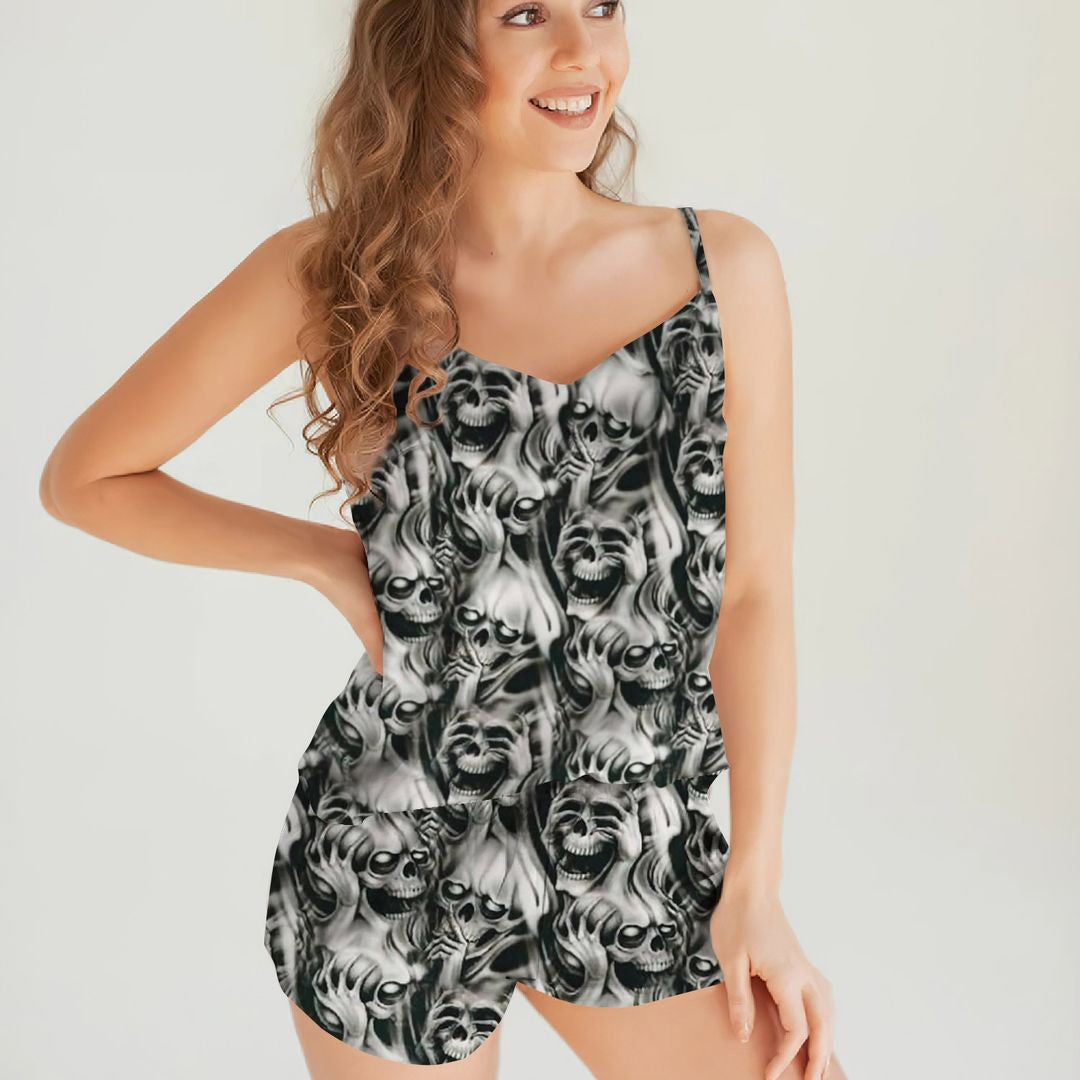 Skull Pattern Cami Pajama Set For Women | Pyjamas Short Set | Short PJS Set | Women Tank Top and Shorts Sleepwear Set