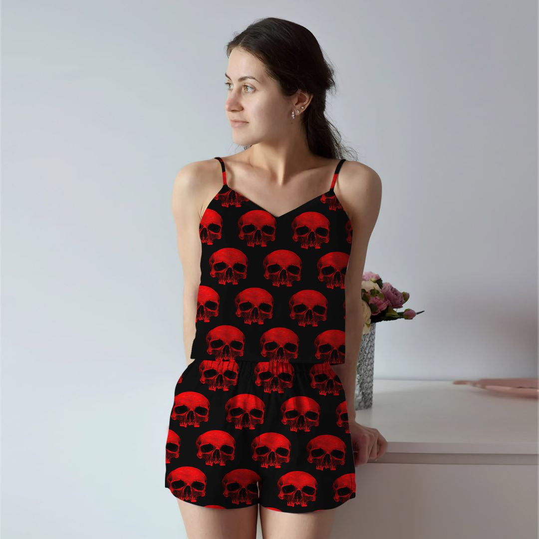 Skull Red Skull Cami Pajama Set For Women | Pyjamas Short Set | Short PJS Set | Women Tank Top and Shorts Sleepwear Set