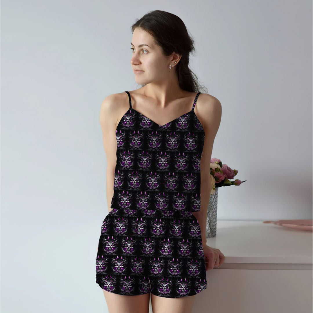 Skull Purple Awesome Cami Pajama Set For Women | Pyjamas Short Set | Short PJS Set | Women Tank Top and Shorts Sleepwear Set