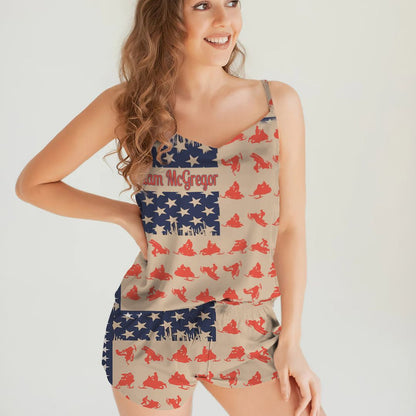 Snowmobile American Flag Cami Pajama Set For Women | Pyjamas Short Set | Short PJS Set | Women Tank Top and Shorts Sleepwear Set