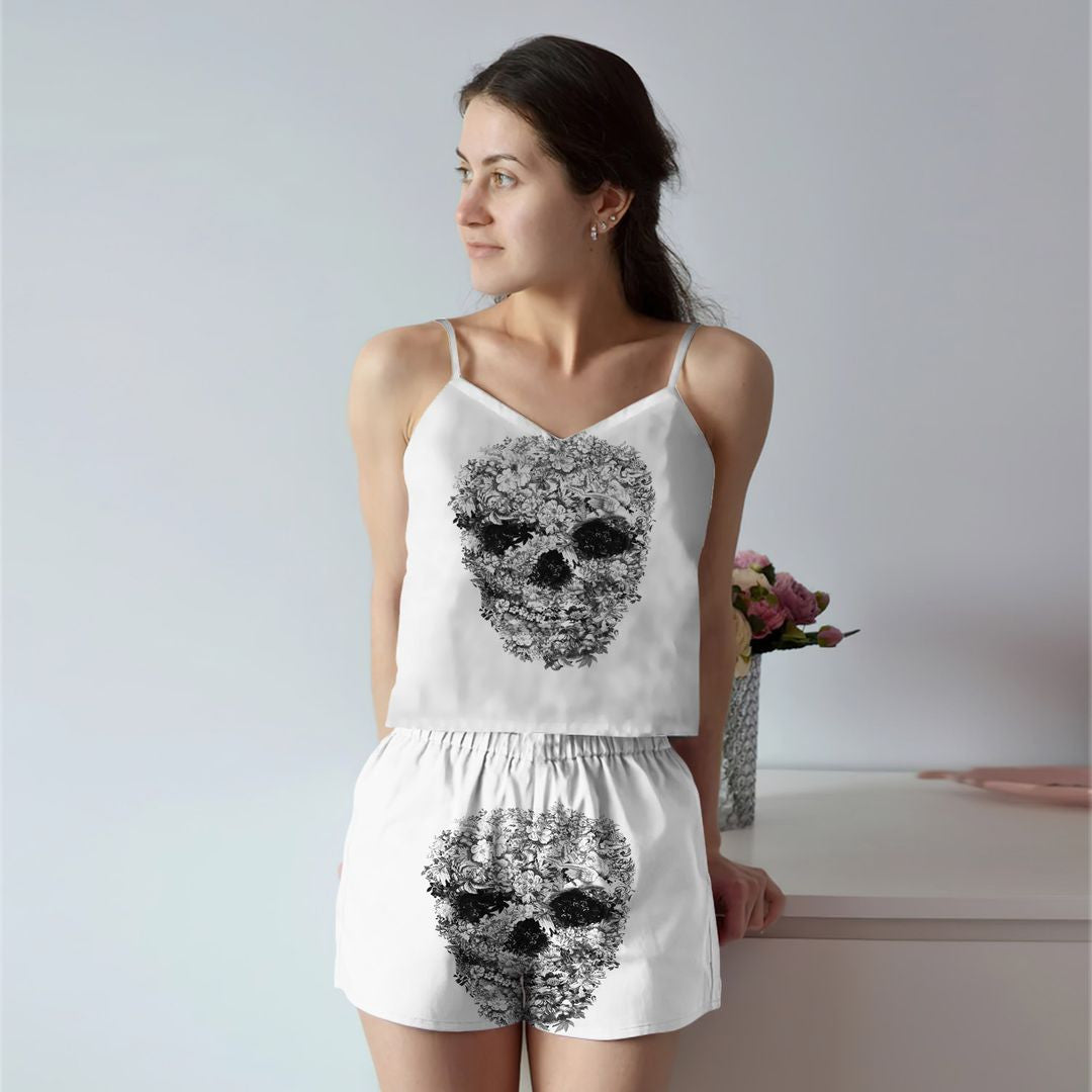 Skull White Cami Pajama Set For Women | Pyjamas Short Set | Short PJS Set | Women Tank Top and Shorts Sleepwear Set